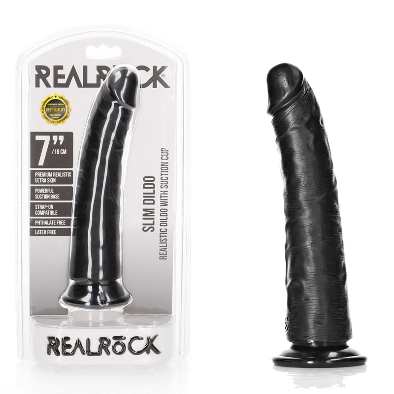 Realrock Realistic 7'' Slim Dildo with Suction Cup - Black